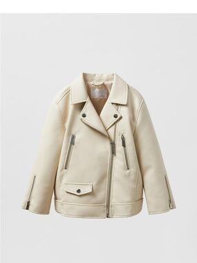 Zara Cream Faux Leather Jacket with Black Drawstring Detail